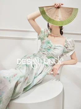Темпераментное платье для чаепития Французская текстура с пузырчатым рукавом и квадратным вырезом Длинное платье женское