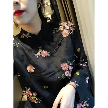 улучшенный топ cheongsam в китайском ретро-стиле 2024, женская рубашка со стоячим воротником и длинными рукавами, повседневная блузка qipao