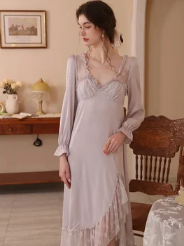 Французская весенняя Длинная шелковая ночная рубашка с V-образным вырезом, женская пижама с кружевными оборками, Романтическая викторианская пижама, домашняя одежда