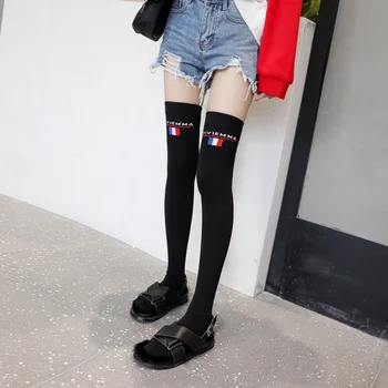 Хлопковые однотонные женские чулки до колена, осенне-зимние нескользящие японские носки до бедра, вязаные длинные носки