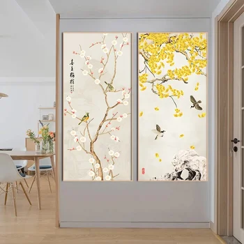Художественные плакаты с цветком и птицей, нарисованные китайскими чернилами на ветке, настенные принты на холсте, картина для гостиной, современный домашний декор