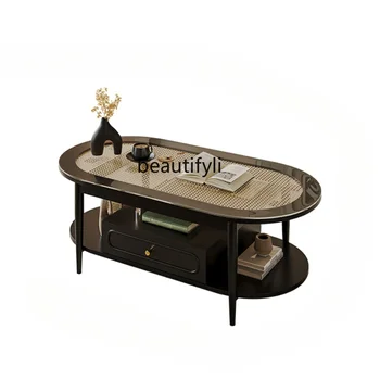 Чайный столик из ротанга в американском ретро-стиле, овальный, древний, многофункциональный черный чайный столик
