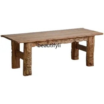 Чайный столик из старого вяза, сочетание чайного столика и стула в стиле ретро, массив дерева, большая доска, резной стол