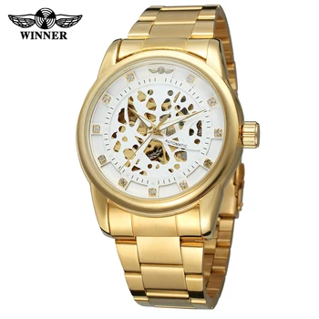 Часы Winner Luxury Royal Diamond Design Из Черного Золота Montre Homme Men Relogio С Мужским Скелетом, Механические Часы Из Кожи и Стали