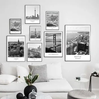 Черно-белые картины на холсте Мировой городской пейзаж Лондон Париж Нью-Йорк Плакаты и принты настенные рисунки для украшения дома