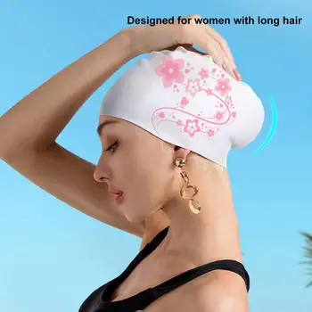 Шапочка для плавания, стильные женские шапочки для плавания с цветочным принтом, водонепроницаемые эластичные силиконовые шапочки с защитой ушей для девочек, бассейн для взрослых