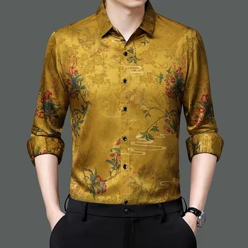 Шелковая стрейчевая одежда с золотыми цветами Для мужчин, модная гладкая эластичная атласная блузка большого размера, модная мягкая одежда для мужа, уютный топ