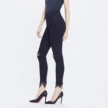 Эластичные тонкие черные рваные джинсы до колена с высокой талией для женщин