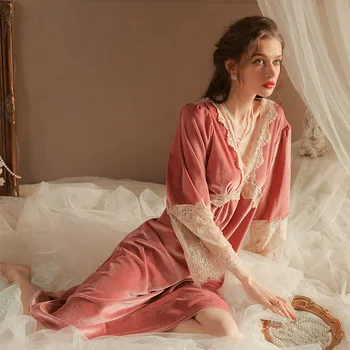 Элегантная женская ночная рубашка, пижамы, зимняя кружевная ночная рубашка в стиле пэчворк, сексуальный домашний халат с V-образным вырезом Sleewpear, халат для отдыха
