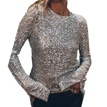 Элегантный женский модный топ с блестками, длинный рукав, клубная блузка для вечеринок, Женский круглый вырез, Открытая спина, Мягкий пуловер, блестящий