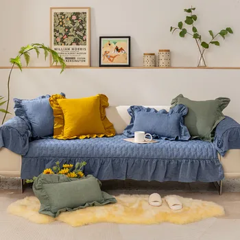 Юбка с оборками, секционное полотенце для дивана, противоскользящие Мягкие шлифовальные чехлы для диванов для гостиной, однотонный элегантный чехол для дивана