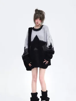 Японская Звезда Вышивка Винтажные Мягкие Свитера Оверсайз Y2K Модные Эстетичные Свободные Пуловеры Harajuku Гранж Повседневный Джемпер