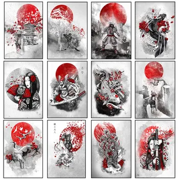 Японский самурай Кандзи Дзен Живопись тушью Современный дизайн Качественные плакаты на холсте Идеально подходят для спальни гостиной